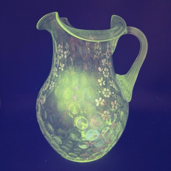 Antique Enameled Glass Pitcher Jug Hand Blown Optic Dot Manganese 365nm Green UV - Picture 1 of 16